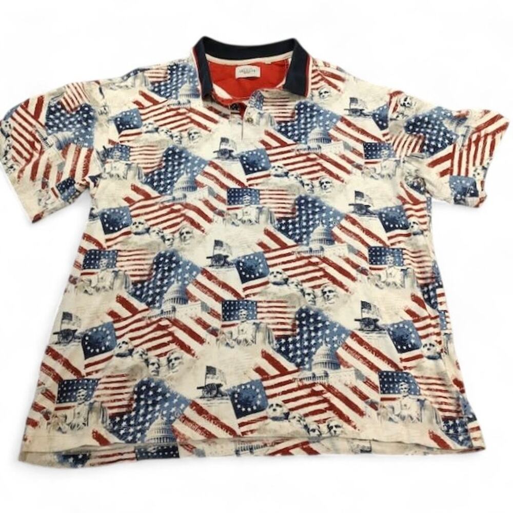 VTG American Legacy Patriotic‎ Polo Shirt All Over Print Mt Rushmore Red Blue XL